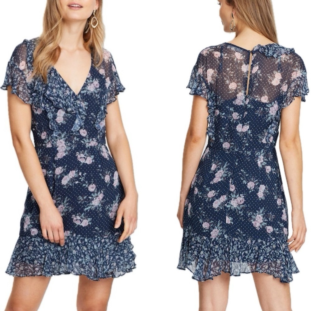 🤍 Stevie May Navy Floral Ruffle Short Sleeve Dress Size S Rose Ruffle Lined 🤍